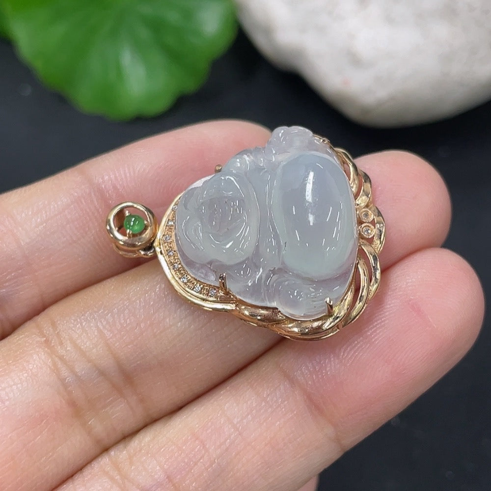 Jadeite Inlaid Buddha Pendant with 18k Gold and Diamond Accents, Total Weight Approximately 374g