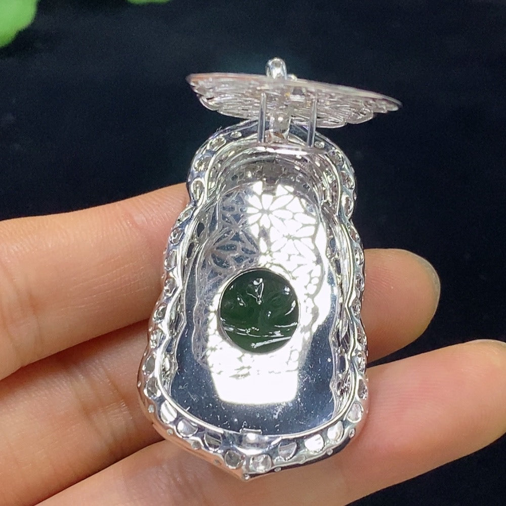 Jadeite Guanyin Inlaid Pendant 18k with Diamond Accents Total Weight Approx. 13.23g
