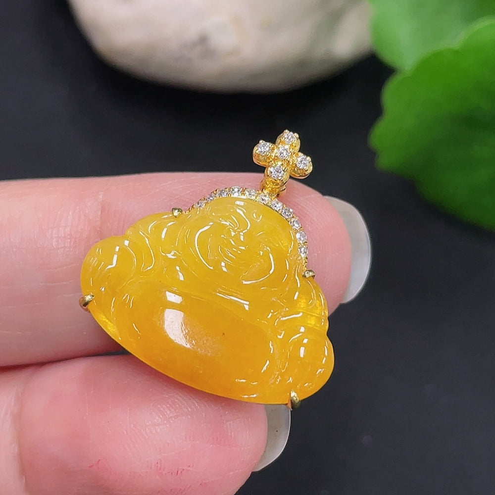Jadeite Buddha Pendant Set in 18K Gold, Total Weight Approx. 3.3g (with Diamond Accents)