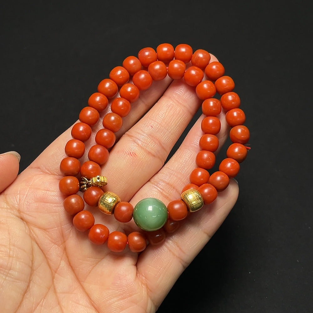Southern Red Agate and Hetian Jade Bead Strand with 18K Gold