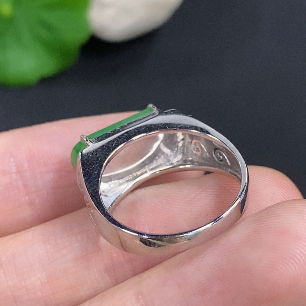 Jadeite cabochon ring with diamond accents, 18k gold band, size 13, HKHQ jewelry, elegant gemstone design.