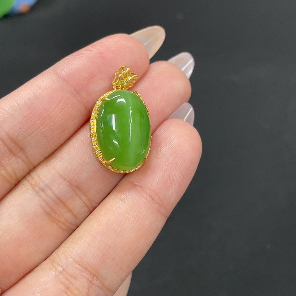Hetian Jade Inlaid Pendant, Total Weight Approx. 3.7g, 18k Gold with Diamond Accents