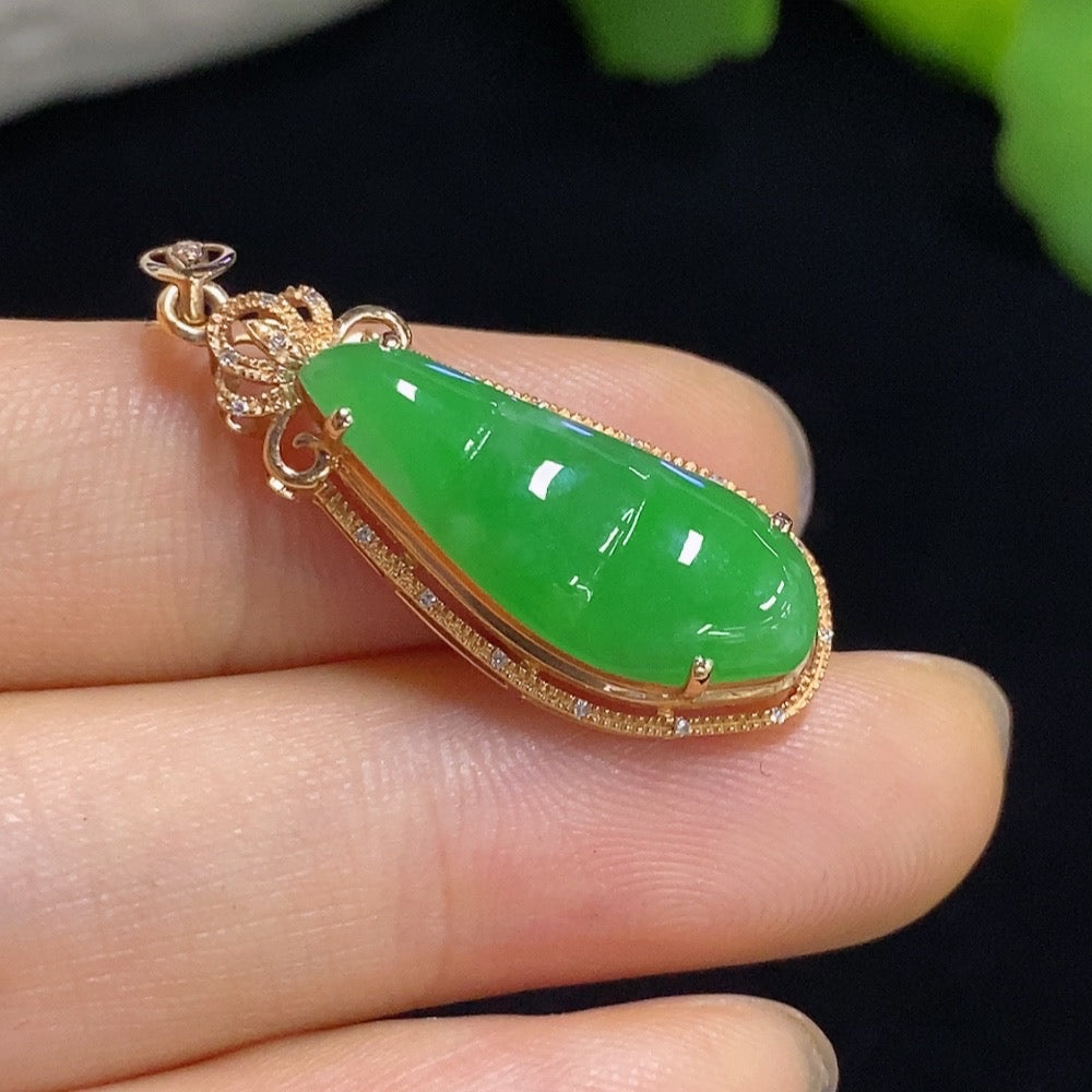 Jadeite Bean Pendant with 18K Gold and Diamond Accents