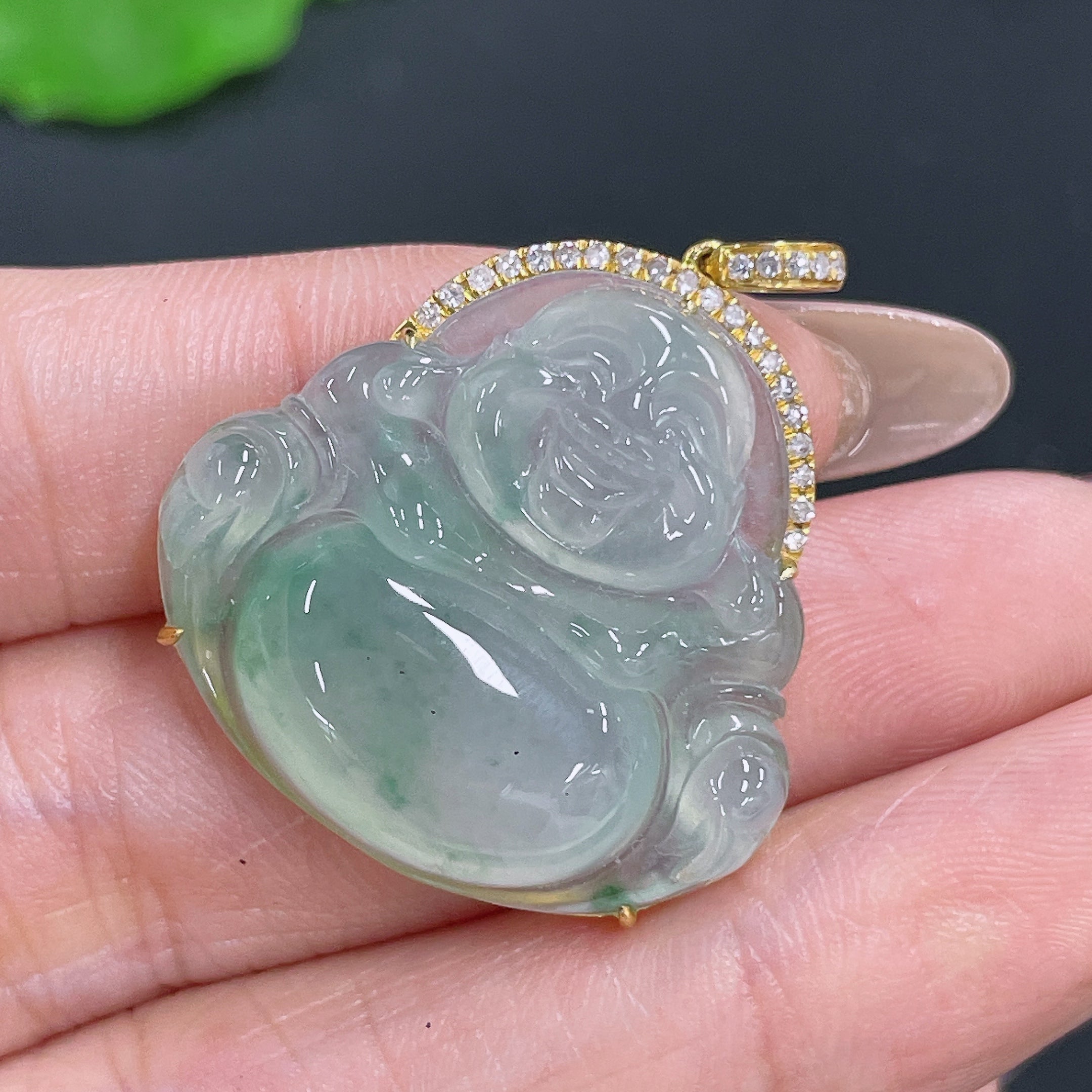 Jadeite Pendant Buddha 18k Gold Inlaid with Diamonds Total Weight Approx. 6.8g