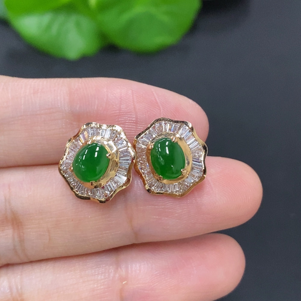 Jadeite Cabochon Stud Earrings 18K Gold (Accented with Diamonds)