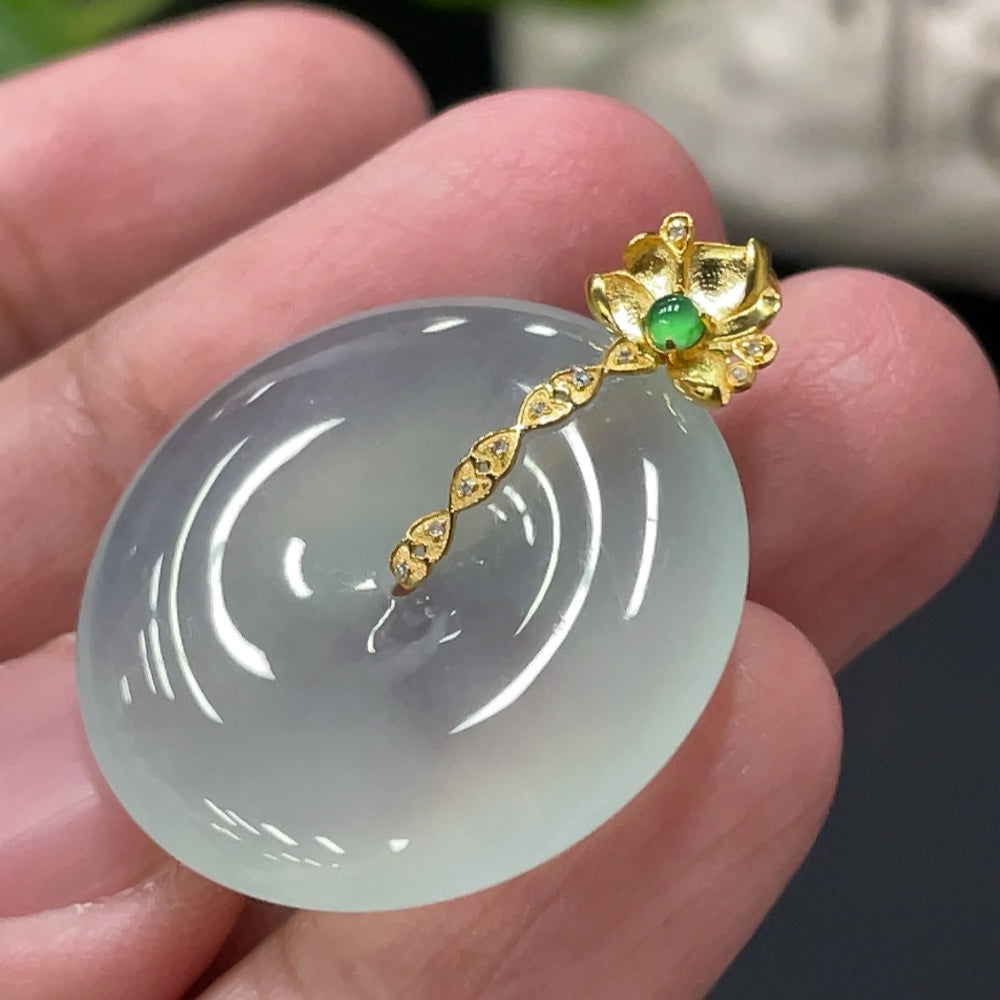 Jadeite Safety Pendant, Total Weight Approx. 6.87g, 18K Gold Bail, Diamond Accents