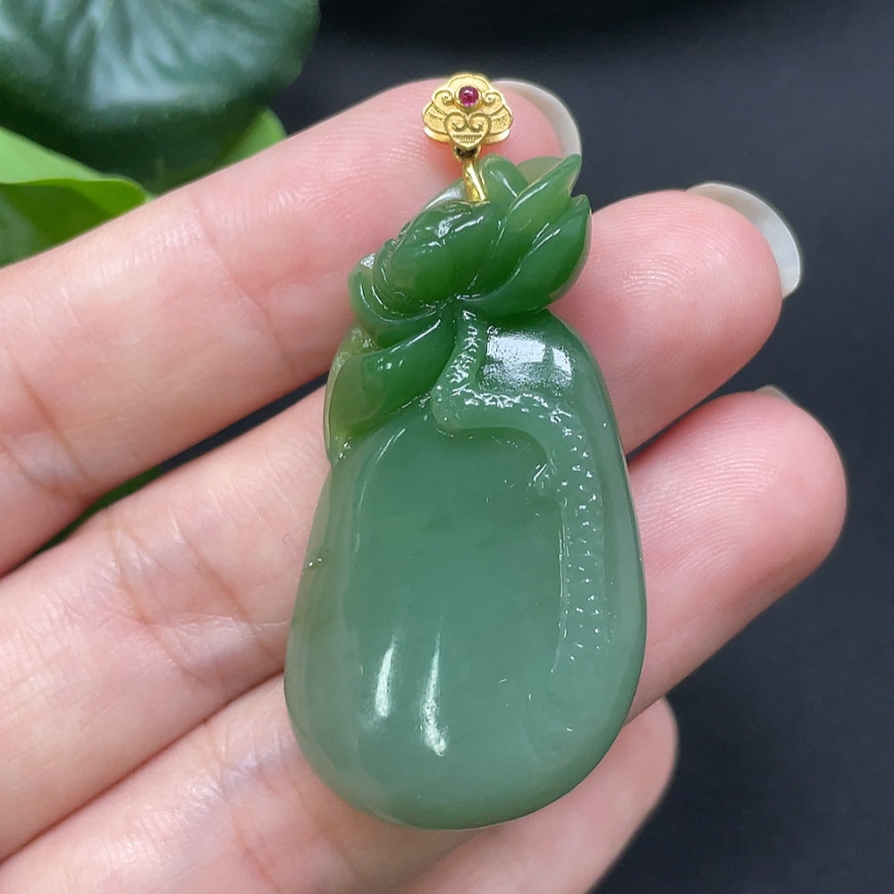 Hetian Jade Flower and Prosperity Pendant 18k Gold Total Weight Approx. 15.9g