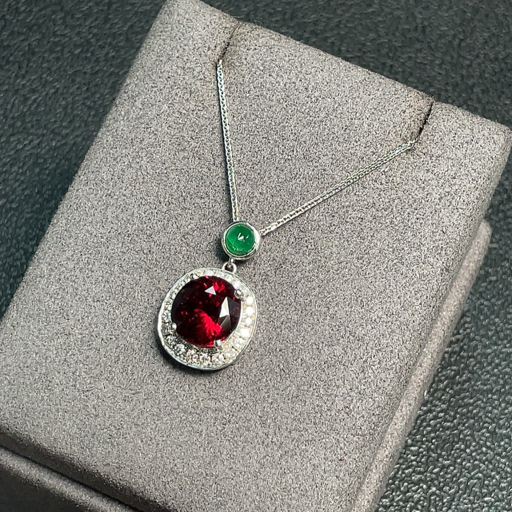 Garnet Pendant with Clarity-Enhanced Emerald and Diamond Accents in 18K Gold, Total Weight Approx. 5.73g Including Chain