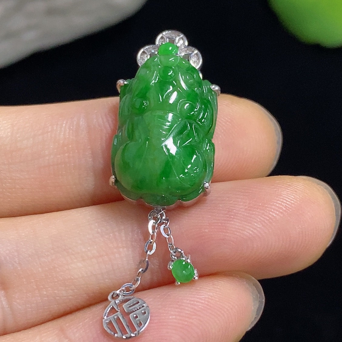 Jadeite Pi Xiu Inlaid Pendant 18K with Diamond Accent