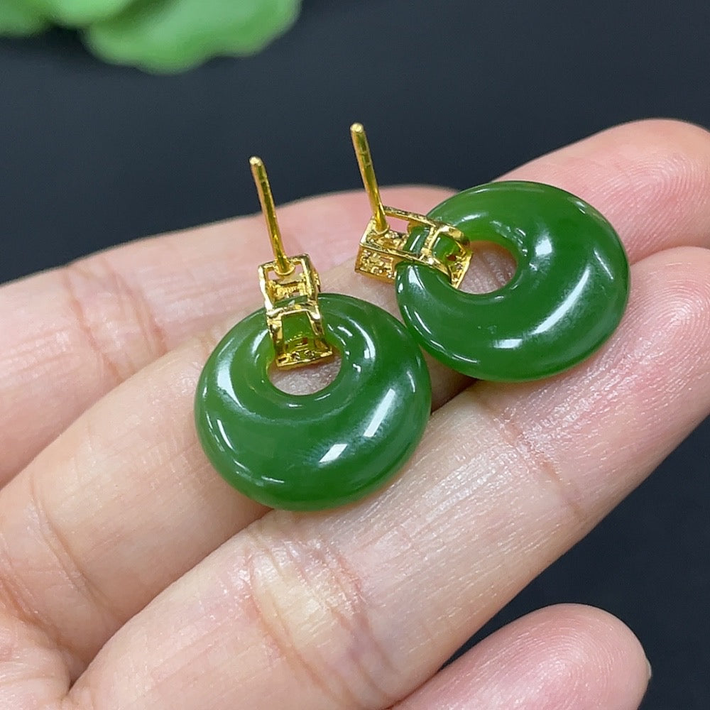 Green Hetian Jade Inlaid Earrings with Diamond Accents, 18K Gold