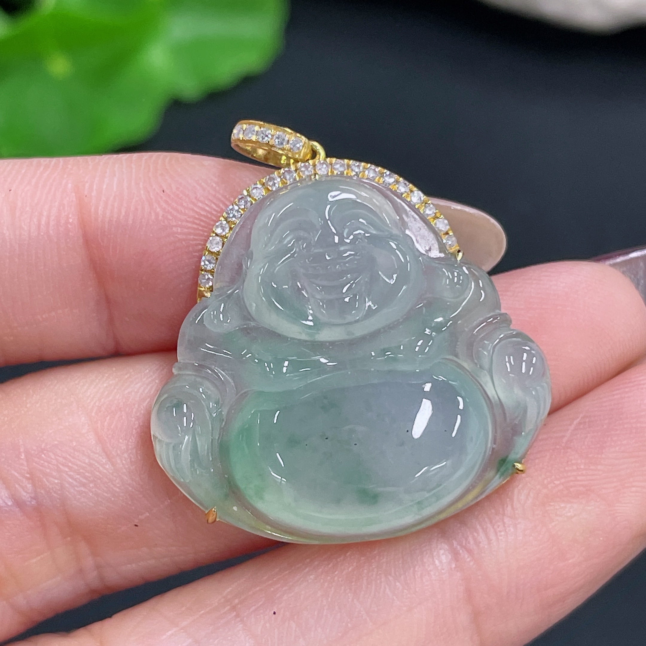 Jadeite Pendant Buddha 18k Gold Inlaid with Diamonds Total Weight Approx. 6.8g