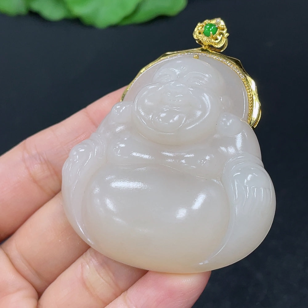 Hetian Jade Pendant, Buddha, 18K Gold Clasp, Total Weight Approx. 39.8g, Non-Hetian Jade Beads, Diamond Accents