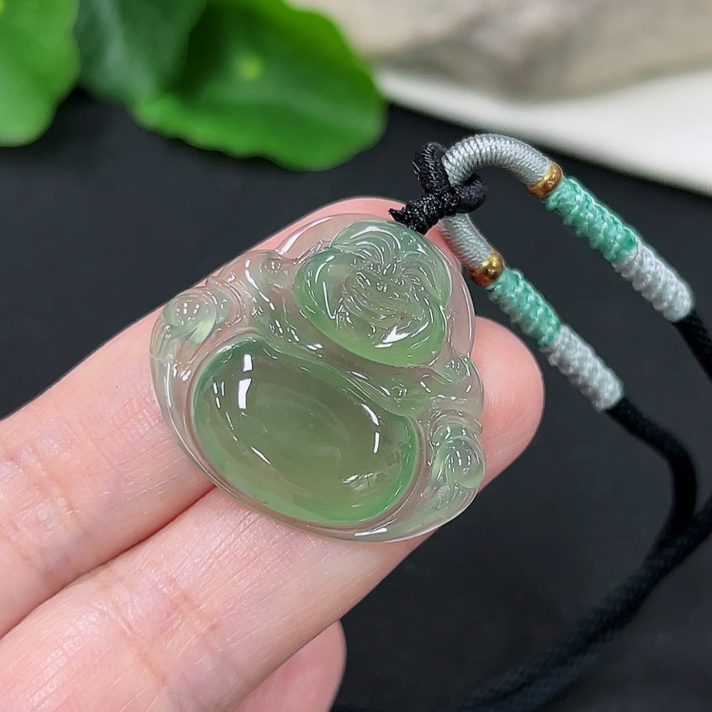 Jadeite Buddha pendant with a rope, weighing approximately 9.2 grams, showcasing smooth green jade craftsmanship.