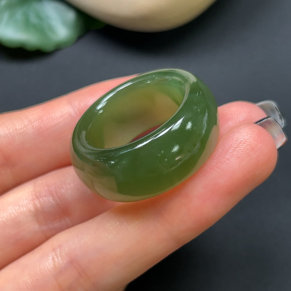 HKHQ Hetian Jade jewelry thimble, size 24, weighs approximately 14.37g, crafted from smooth, green jade with intricate detailing.