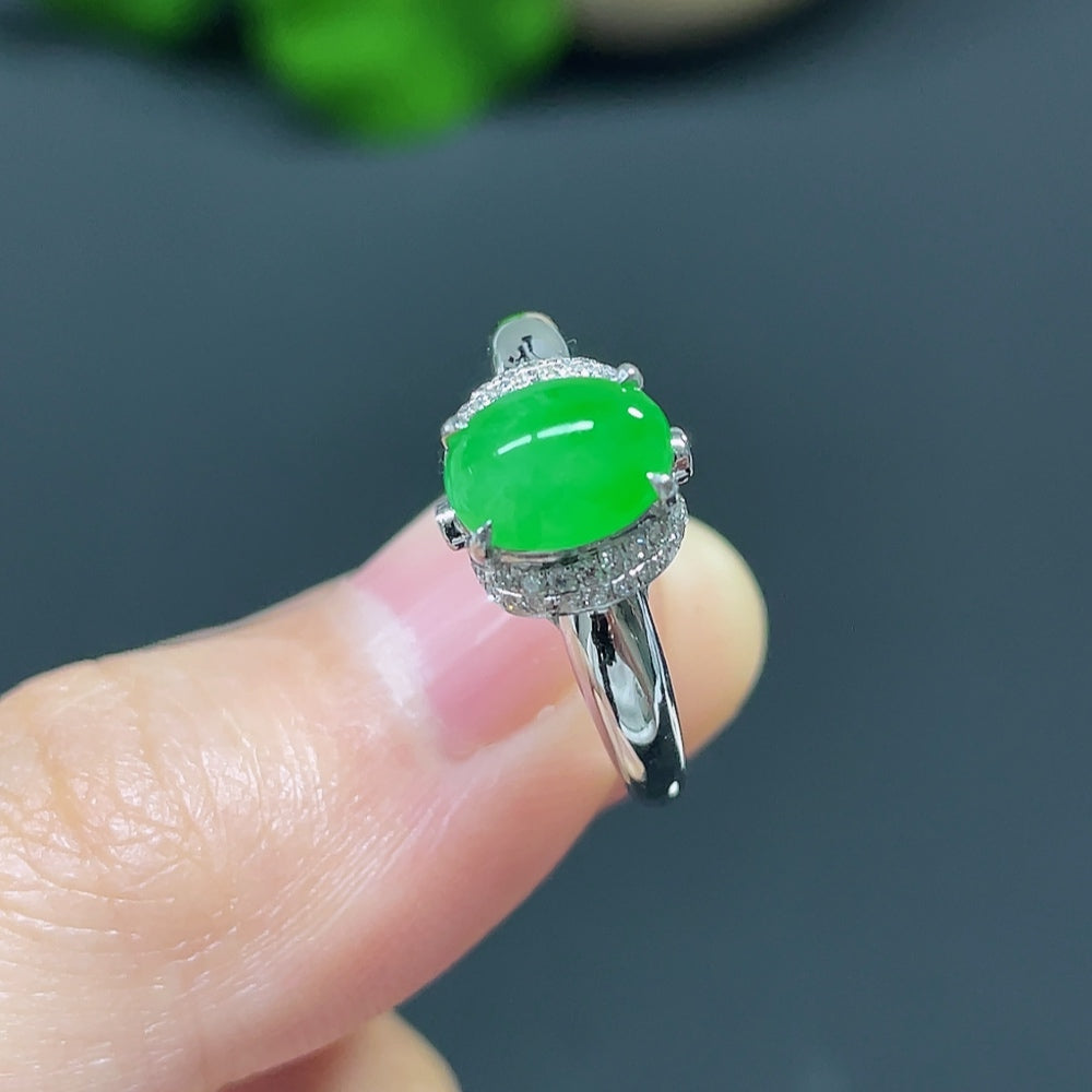 Jadeite Cabochon Solitaire Ring, 18K with Diamond Accents