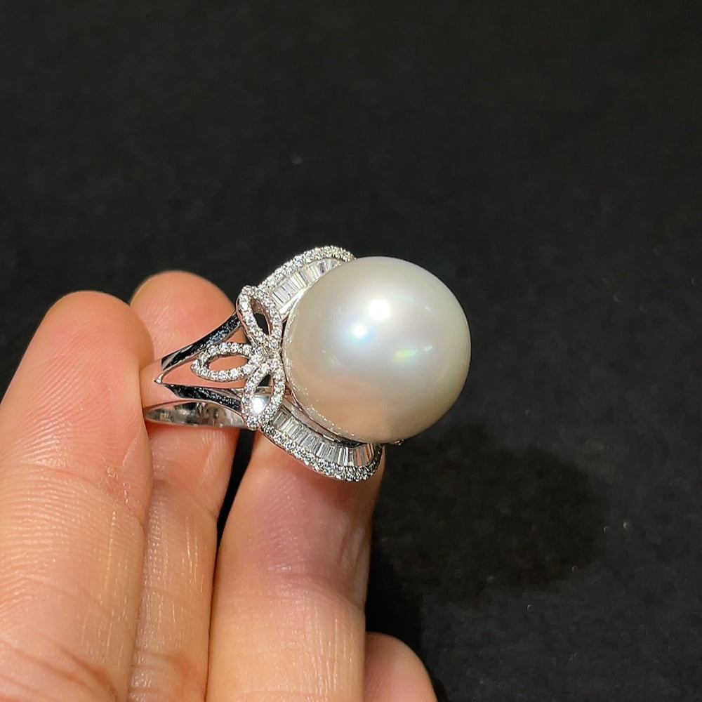 HKHQ seawater pearl ring in 14K gold, featuring a 15mm pearl and elegant design, weight approx. 10.17g, size 14.5.