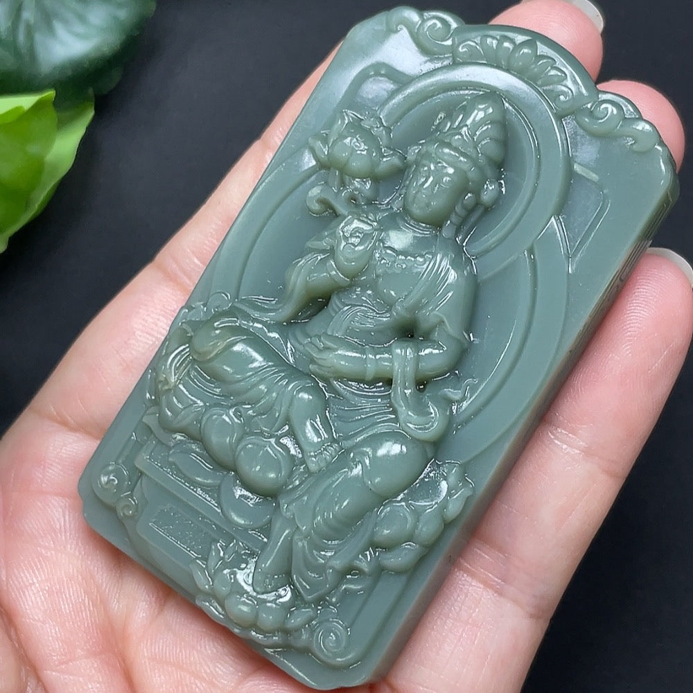 Hetian Jade Jasper Guanyin pendant by HKHQ showcasing a detailed carved figure on smooth jade, weighing approximately 79.6g.