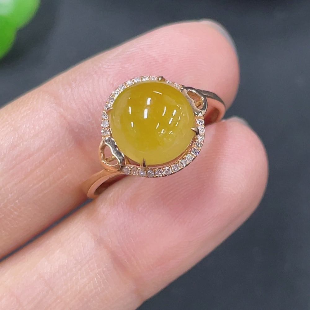 Jadeite Cabochon Inlaid Ring 18k Gold Setting Size 12.5 Total Weight Approx. 2g with Diamond Accents