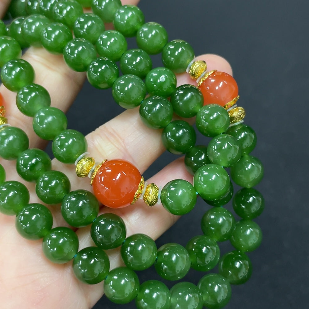 Green Hetian Jade Bead Necklace, Non-Gold, With Southern Red Agate