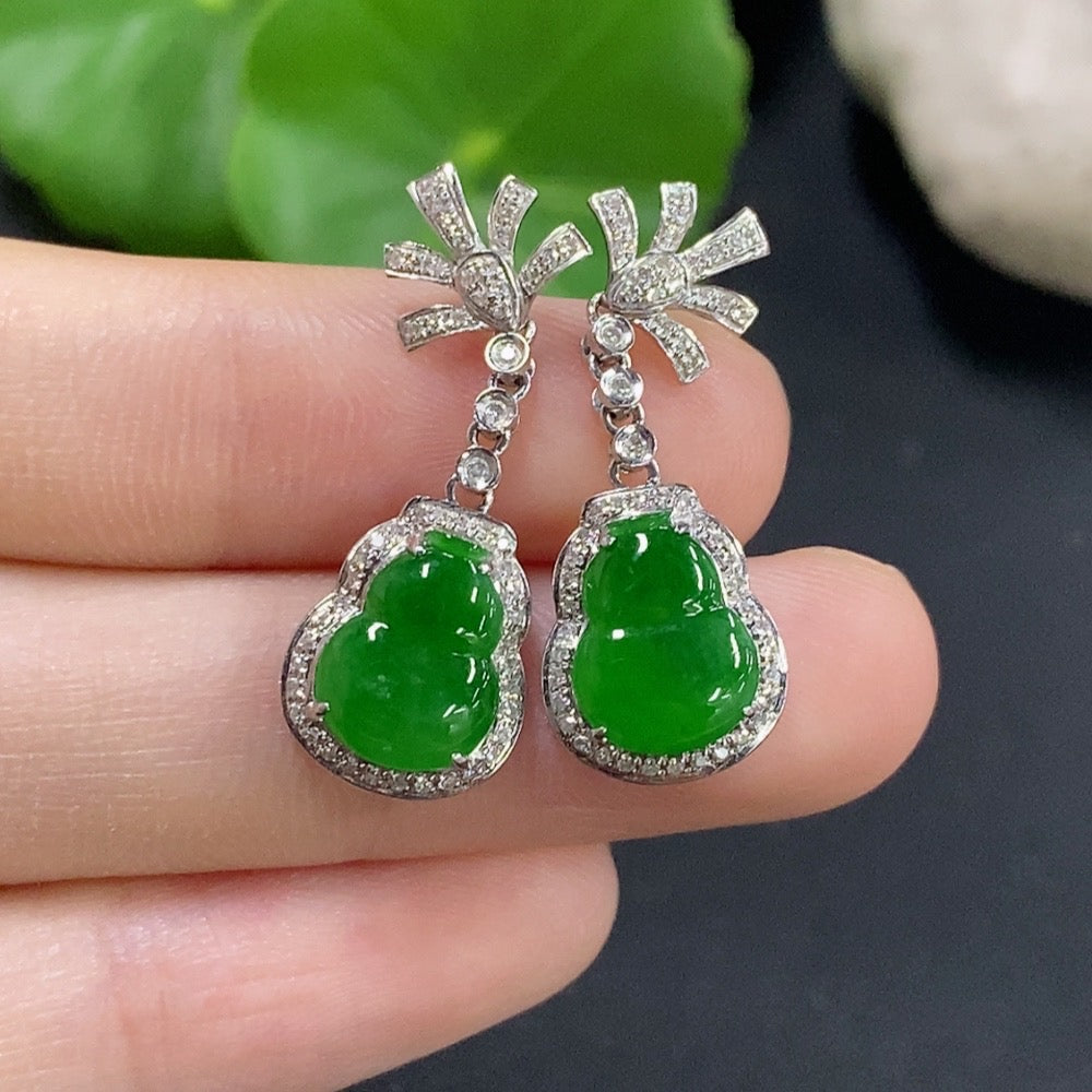 Jadeite Gourd Inlaid Earrings 18k with Diamond Accents