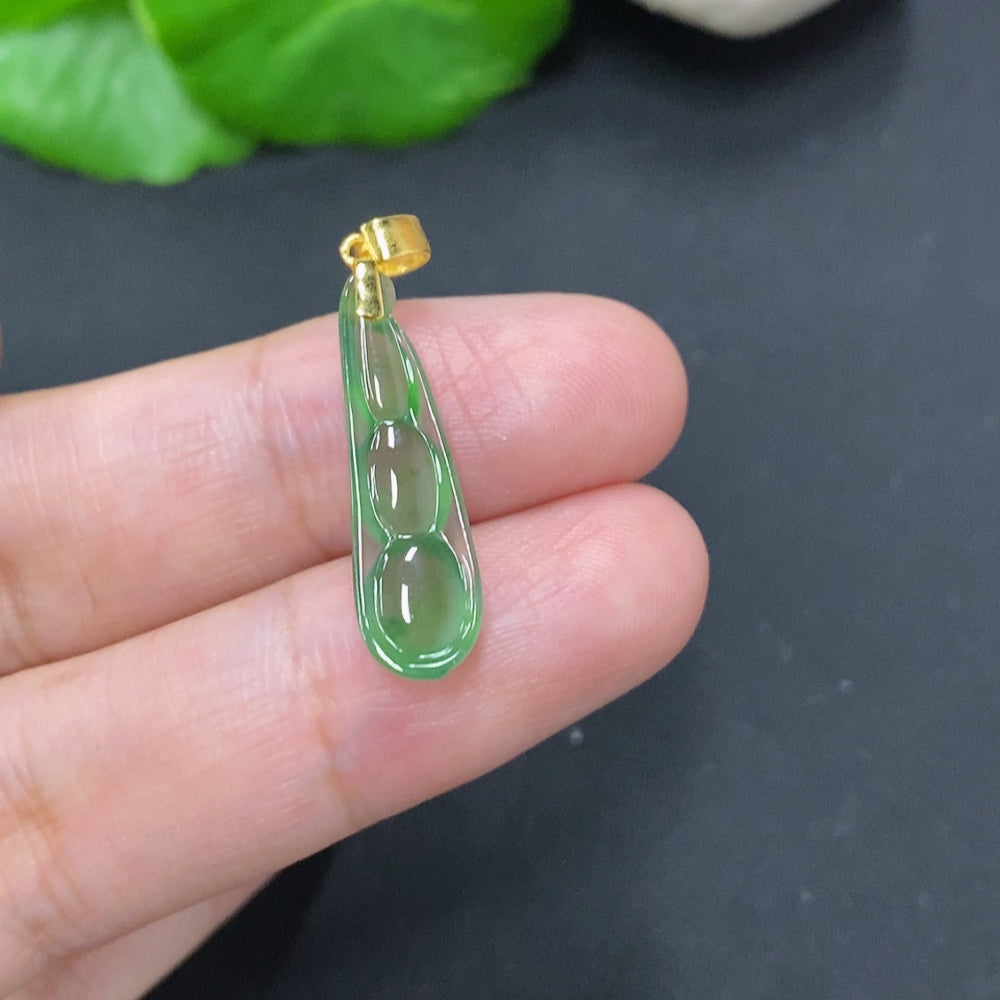 Jadeite lucky bean pendant with 18K gold clasp, delicate jade jewelry piece, lightweight and elegant, from HKHQ.