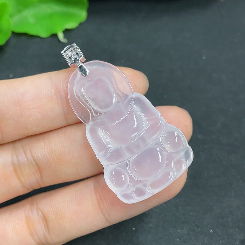 Jadeite Guanyin pendant with 18K gold accents and diamond details, showcasing intricate craftsmanship and smooth jade surface.