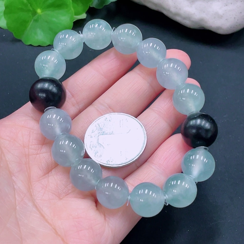 JadeiteBracelet, Approx. 12.8mm Beads, Total Weight ~54.37g, Black Beads with Wood [Total Value: $10,283 USD]