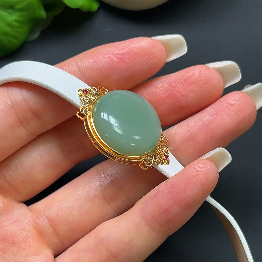 Hetian Jade Cabochon Bracelet 18K Gold with Leather Wristband