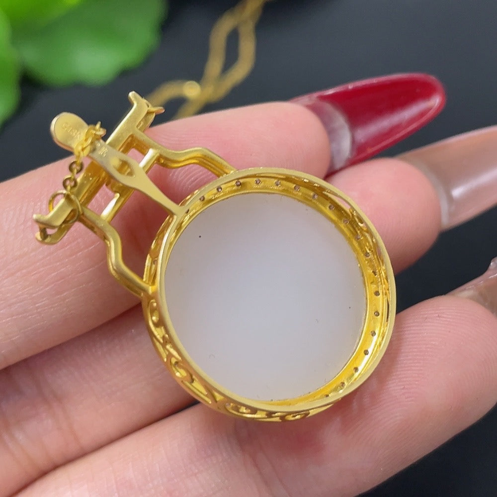 Hetian Jade Pendant with 18K Gold and Diamond Accents, Total Weight Approx. 10.5g (Including Chain)