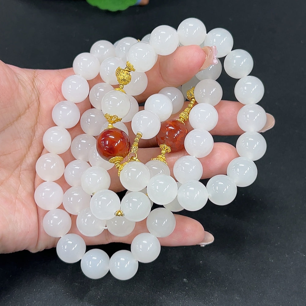 Hetian Jade Bracelet + Bead Chain, Approx. 11.9/11.8mm, Total Weight Approx. 184.1g, Bead Chain 18k, Bracelet Unmarked, Gold Content Tested 18k, Sold as a Set
