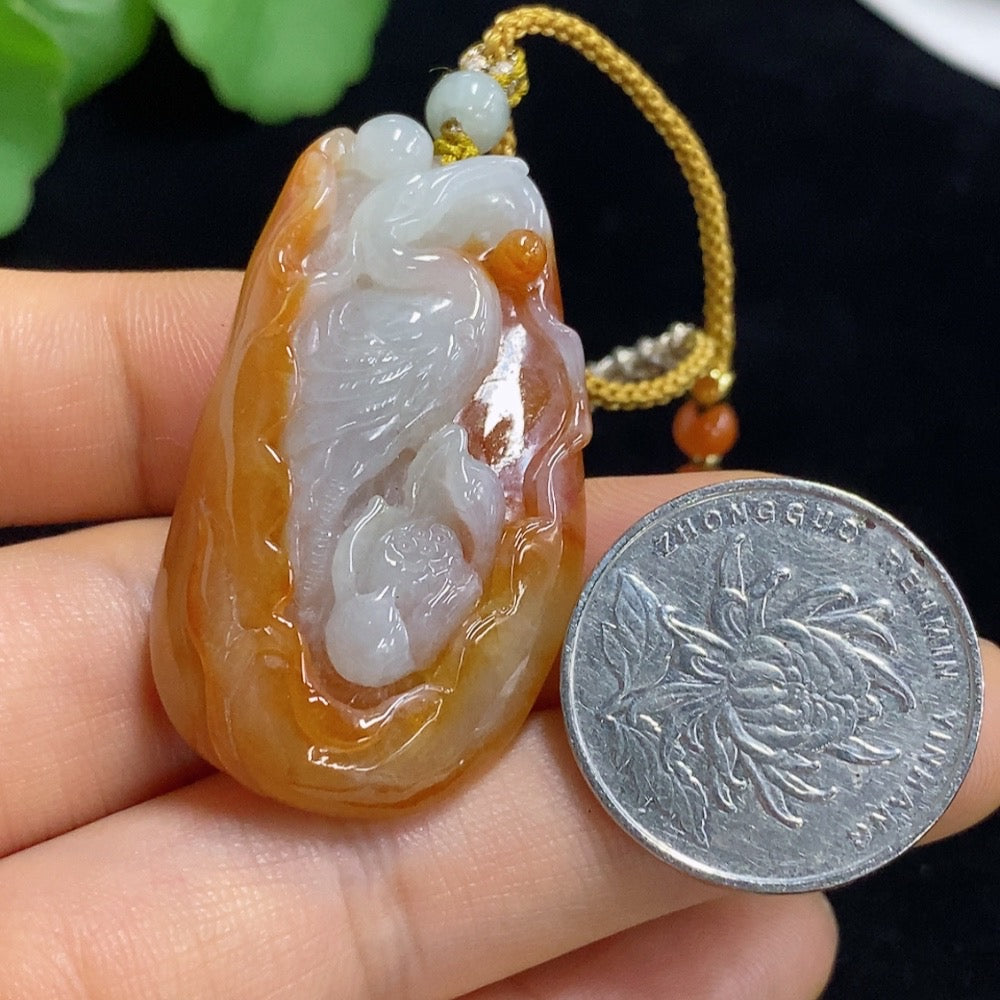Jadeite Crane Pendant Total Weight Approx. 24.75g (including rope weight) with non-A grade beads