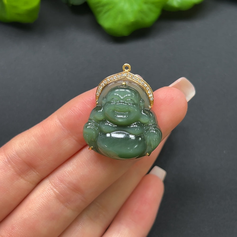 Hetian Jade Jasper Buddha Pendant with 70% Gold and Diamond Inlays