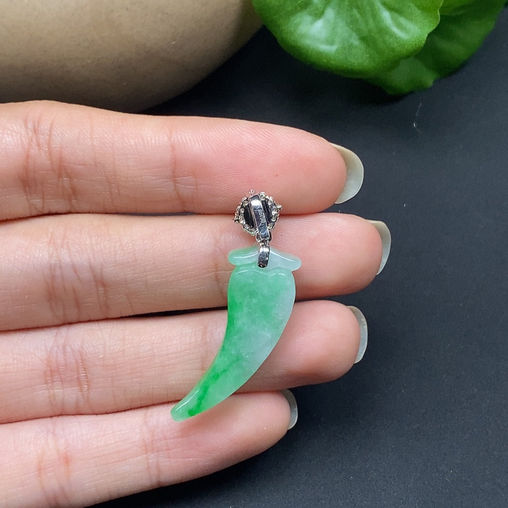 Jadeite pendant chili-shaped jewelry with diamond accents mounted on 18K gold chain, elegant necklace by HKHQ.