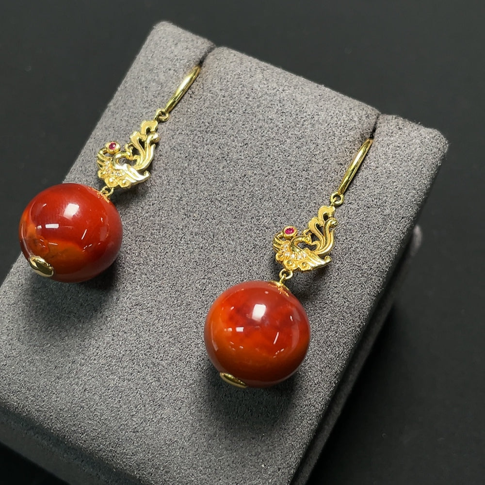 Red Agate Earrings with 18K Gold and Diamond Accents, Colorless, Visible Organic Matter, Non-Natural Accent Stones