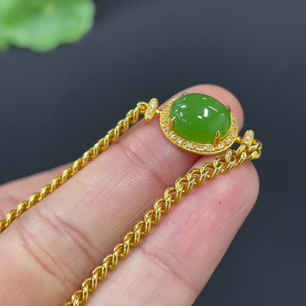 Hetian Jade Jasper Cabochon Inlaid Bracelet, 18K Gold, Total Weight Approx. 3.5g, Diamond Accents