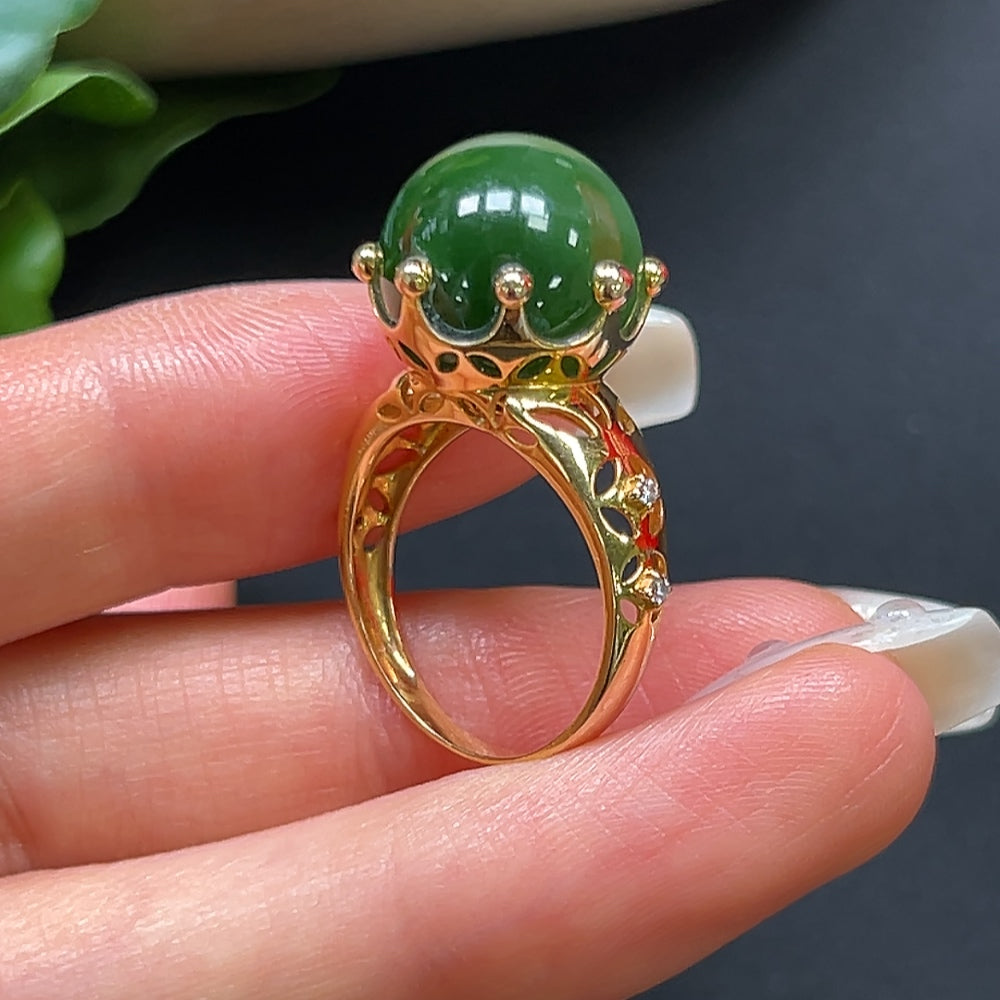 Hetian Jade Round Bead Ring with 18K Gold and Diamond Accents