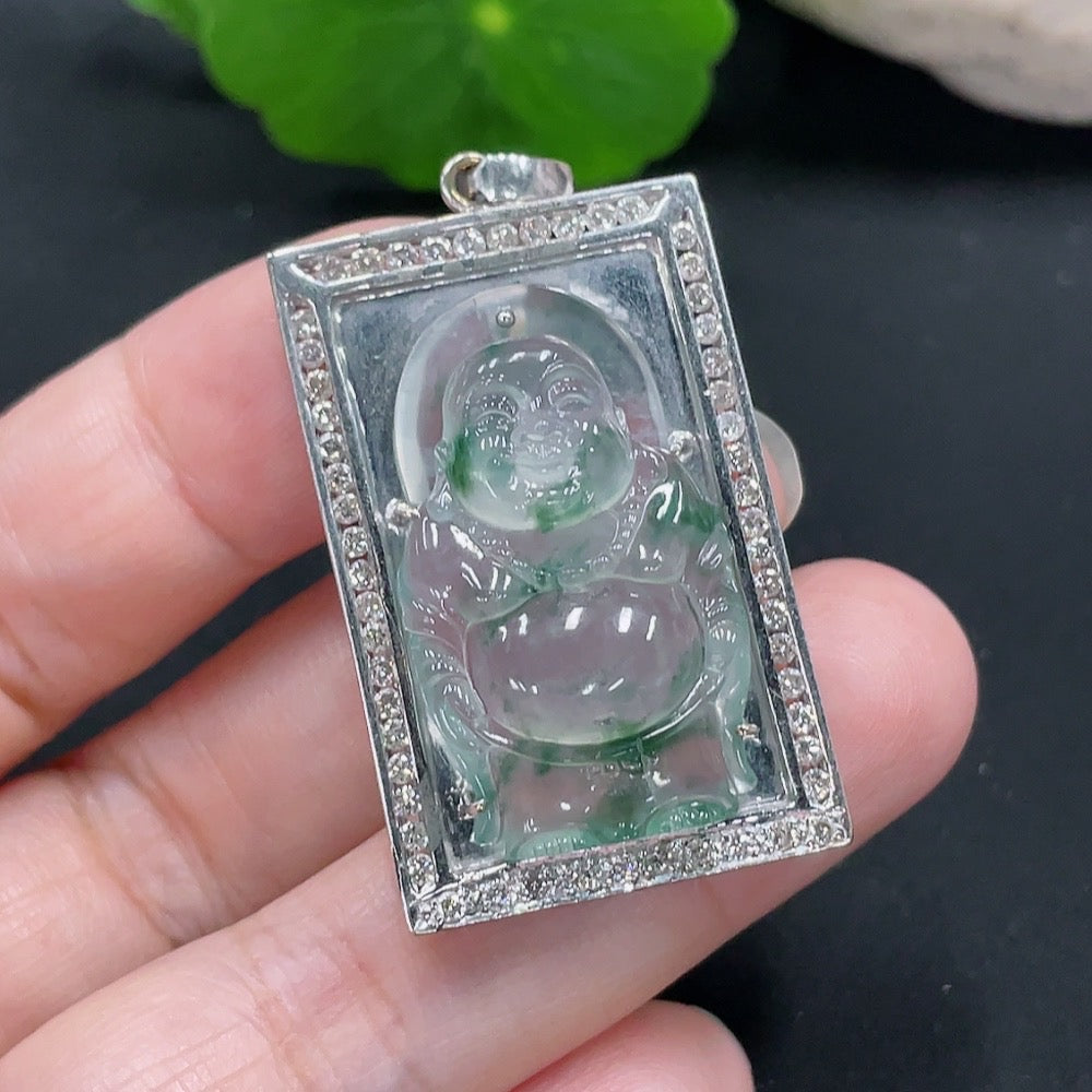 Jadeite Inlaid Pendant 18K Gold Total Weight Approx.12g (With Diamond Accents)
