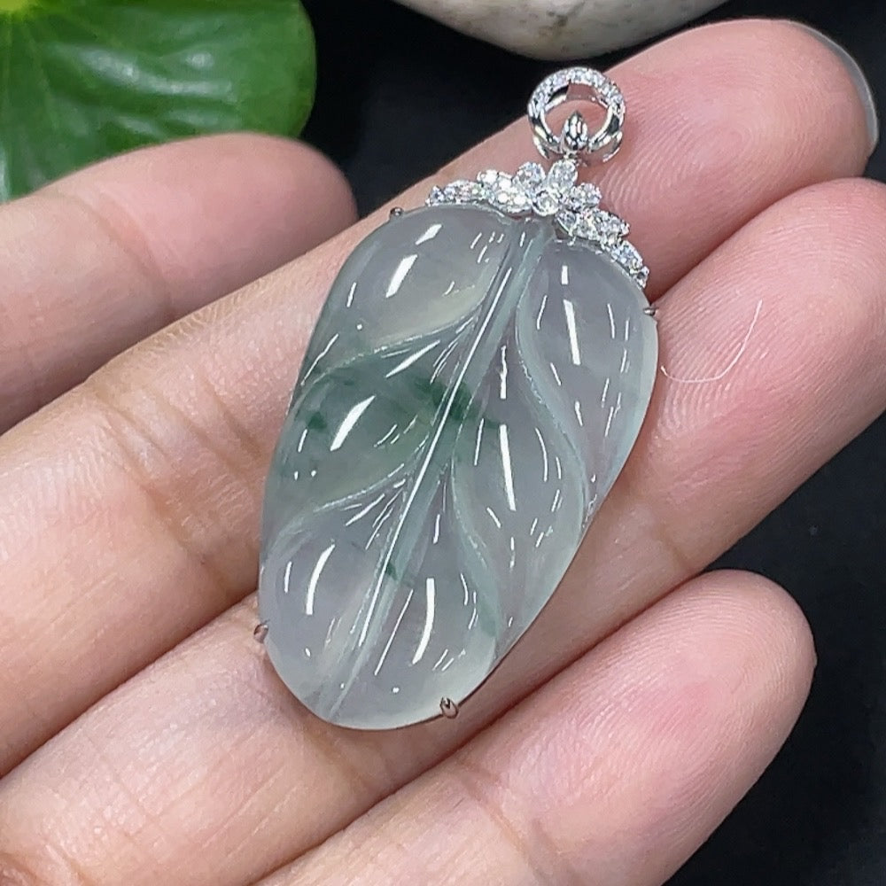 Jadeite Pendant Leaf with 18K Gold and Diamond Accents, Total Weight Approx. 4.45g