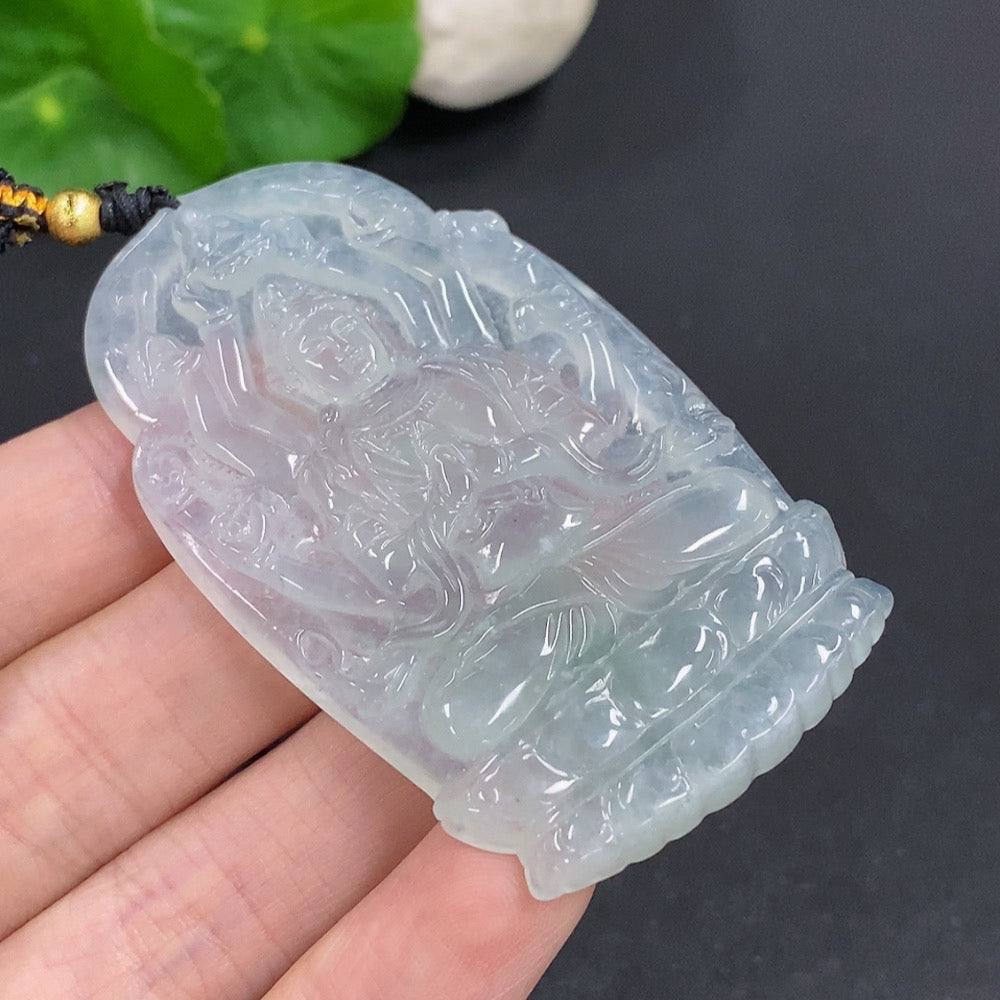Jadeite Thousand-Hand Guanyin pendant necklace by HKHQ featuring detailed carved jadeite figure on a cord.