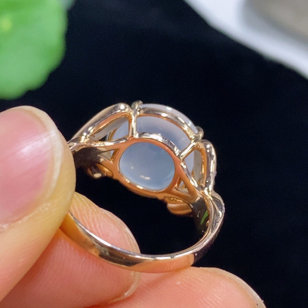 Jadeite Cabochon Ring with 18k Gold and Diamond Accents, Size 19, Total Weight Approximately 8.62g