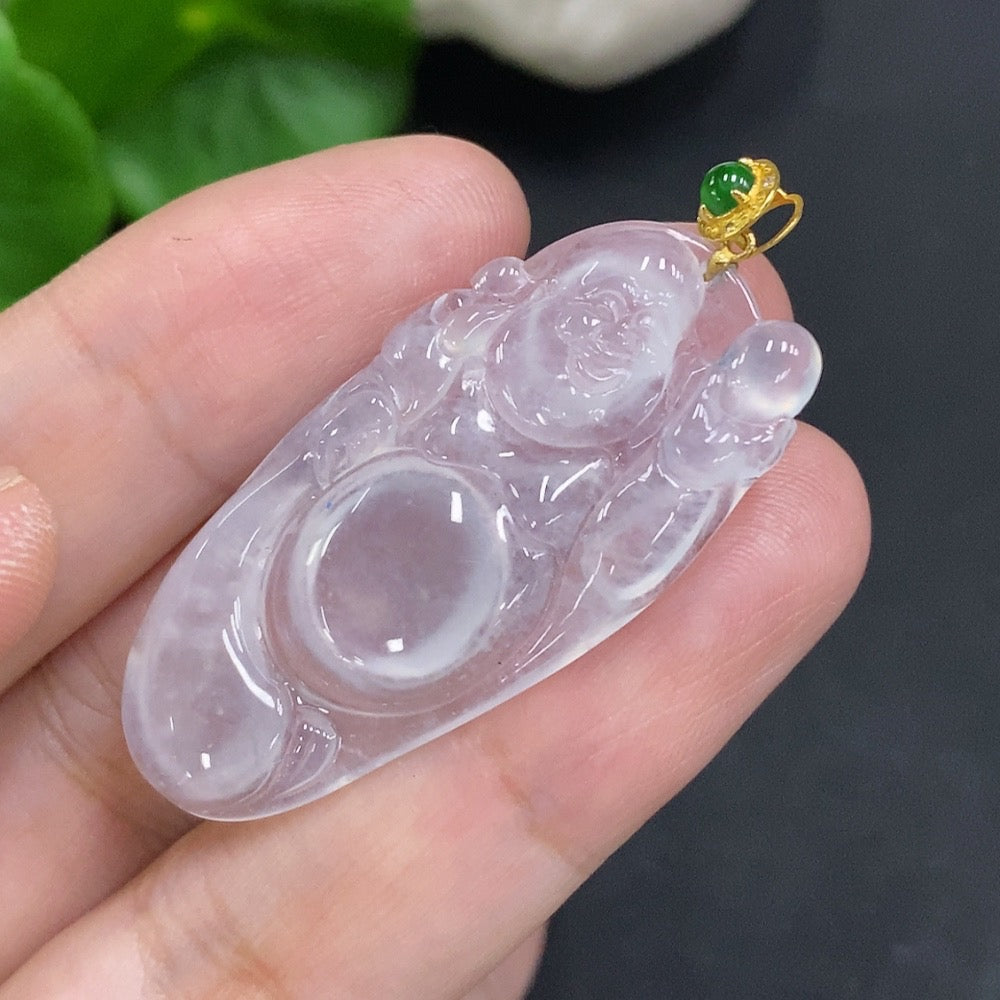 Jadeite Maitreya Pendant with 18K Gold Clasp, Total Weight Approximately 6.3g, Set with Diamonds