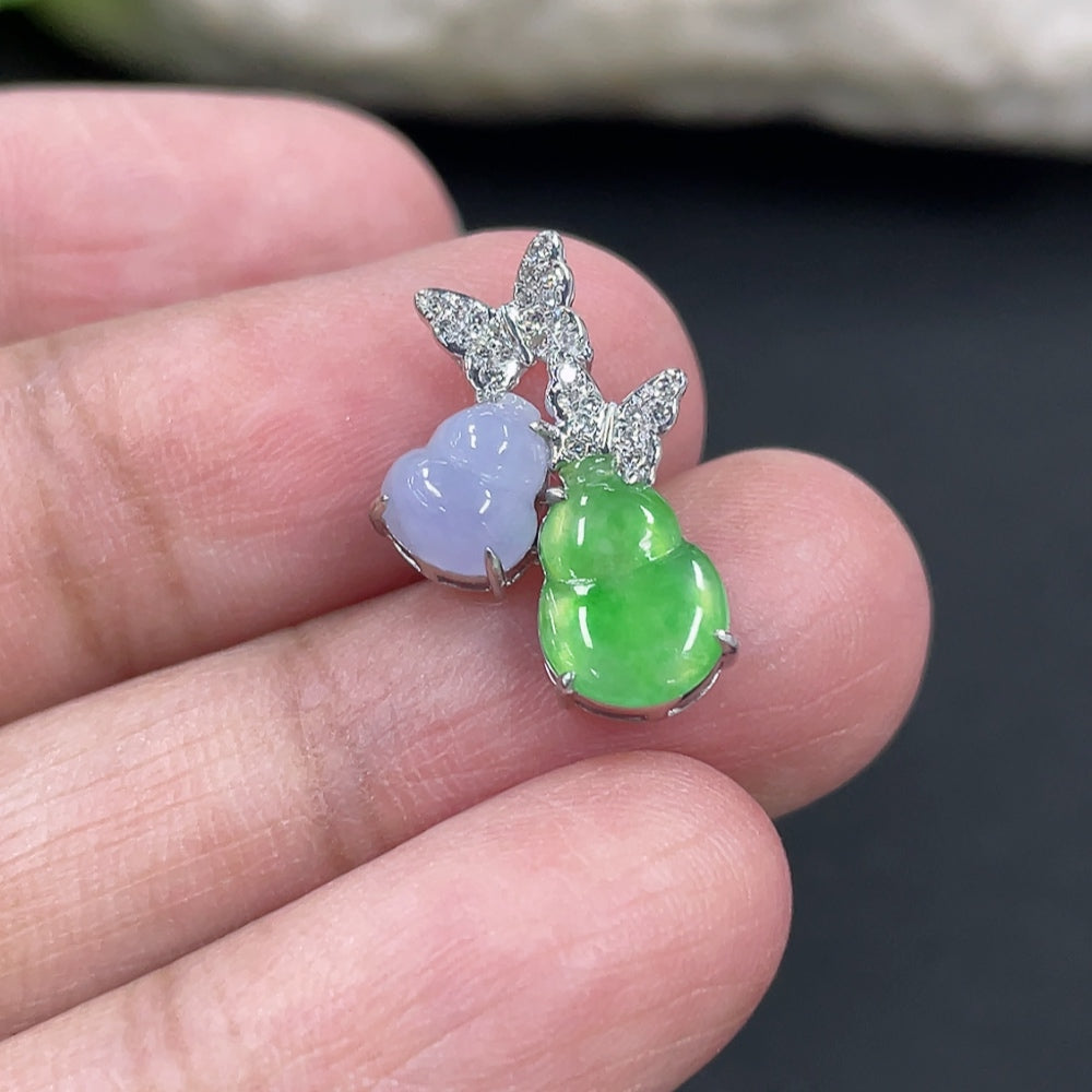 Jadeite Gourd Inlaid Pendant, 18K Gold Inlaid with Diamonds