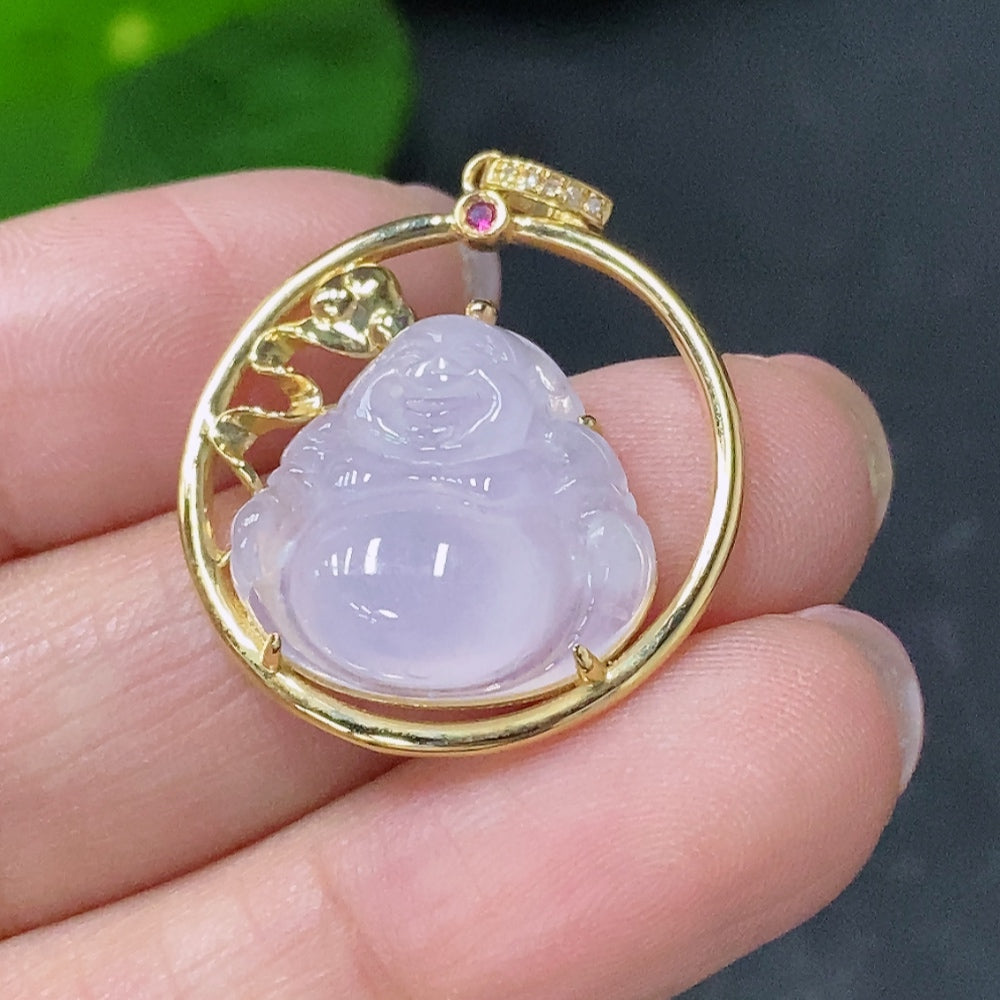 Jadeite Inlaid Buddha Pendant with 18K Gold and Diamond Accents, Total Weight Approximately 3.76g
