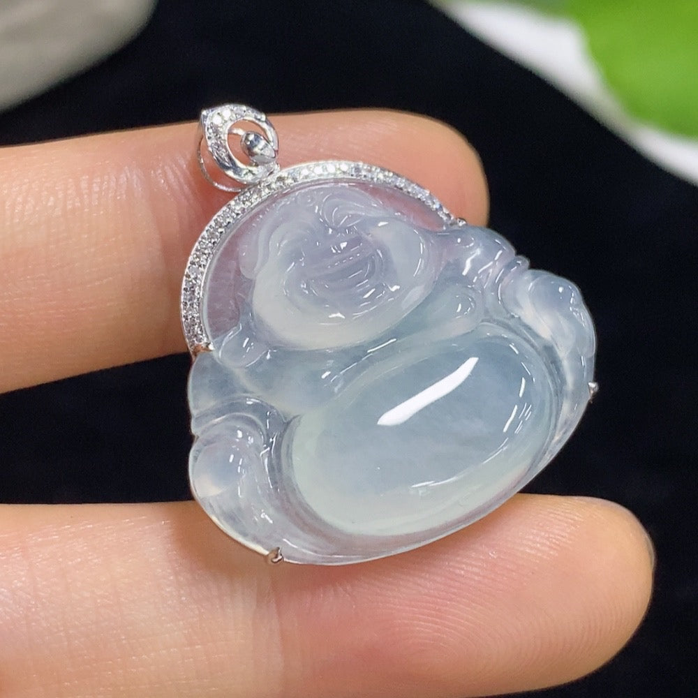 Jadeite Pendant Buddha with 18K Gold and Diamond Accents, Total Weight Approximately 5.4g