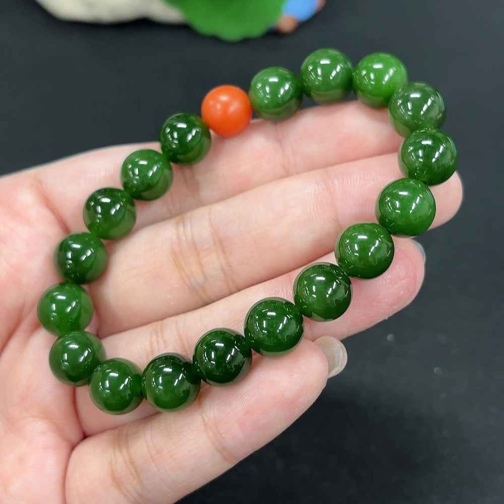 Green Hetian Jade Bracelet, with Southern Red Agate