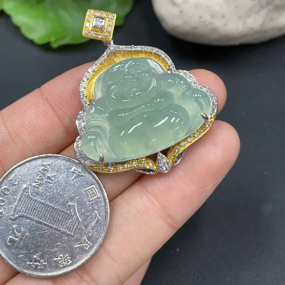 Jadeite Buddha Pendant with 18K Gold Setting, Total Weight Approx. 10.1g