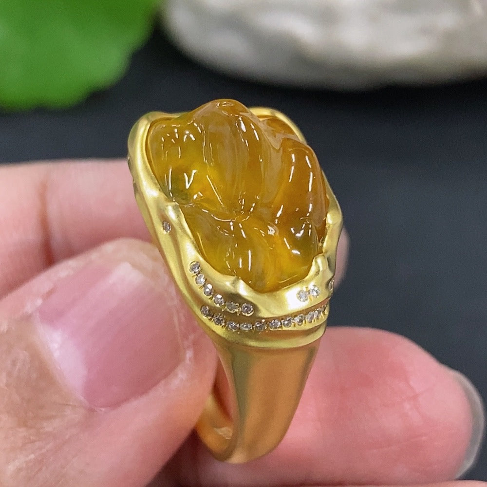 Jadeite inlaid ring with 18k gold and diamond accents, size 16, HKHQ jewelry featuring intricate green jade design.