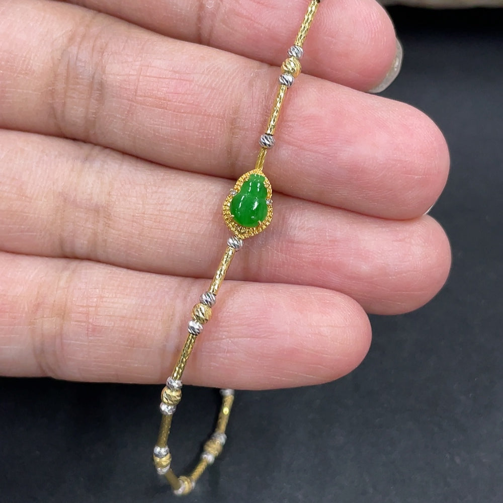 HKHQ Jadeite gourd bracelet with 18k gold inlay and diamond accents, lightweight jewelry piece with intricate design.