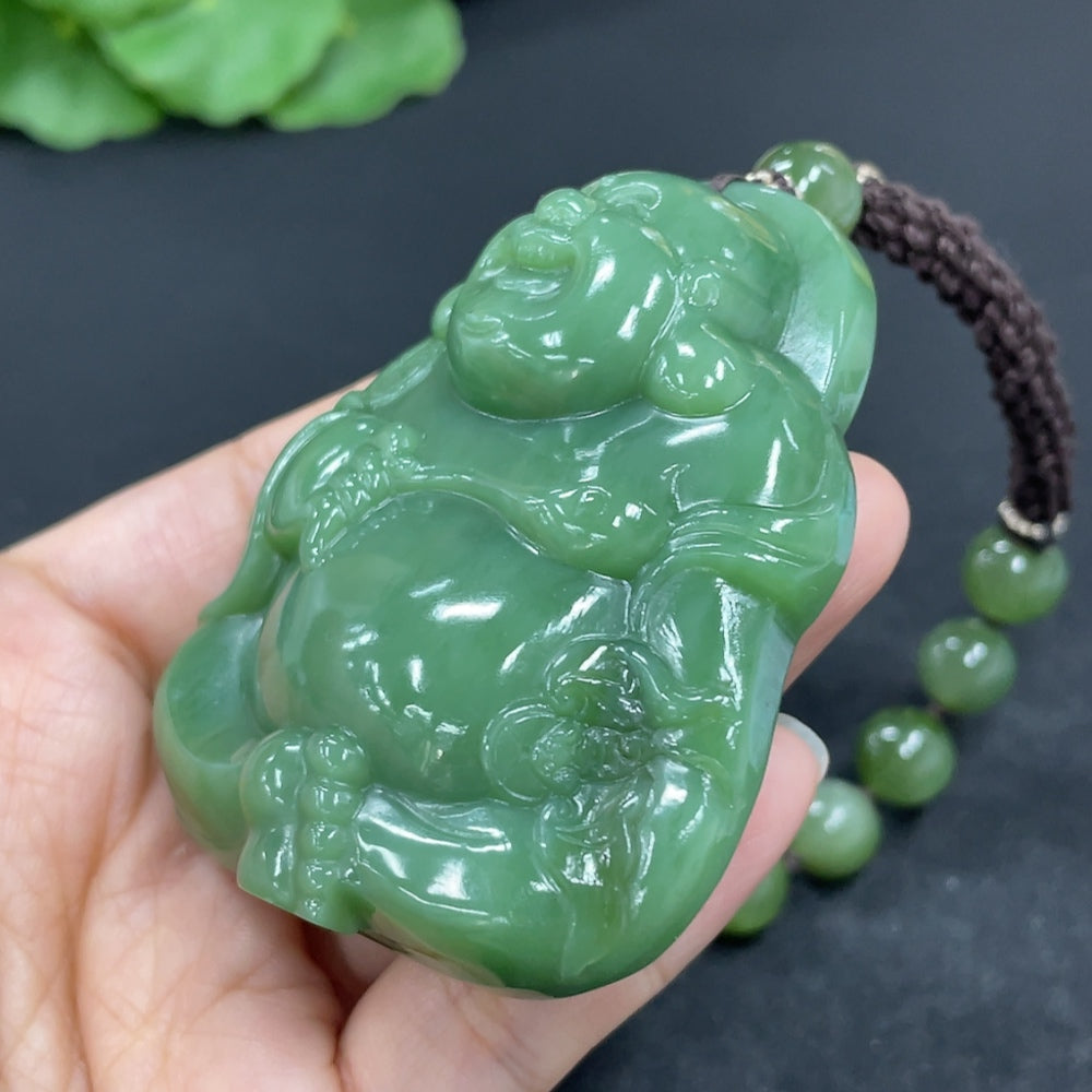 Hetian jade pendant featuring a Buddha design on a necklace with rope, weighing 141.1g, by HKHQ.