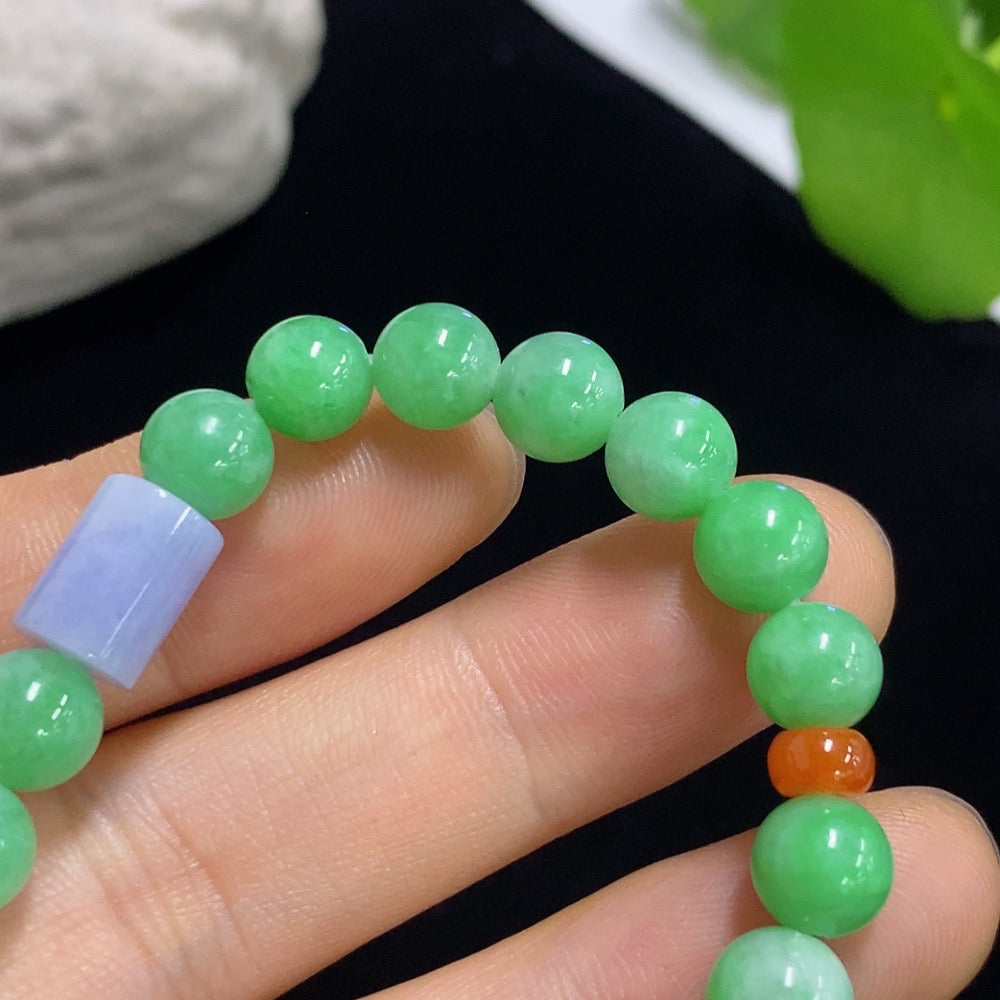 HKHQ jadeite bracelet with red beads, 7.3/5.2mm size, 15.05g weight, featuring smooth jade stones on a natural jewelry piece.
